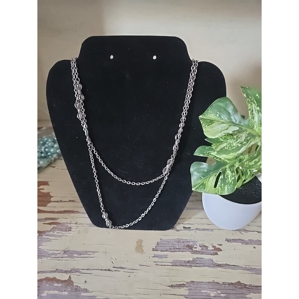 Vtg Silver Tone Coquette Bow Station Necklace Long Layered Deco Style
